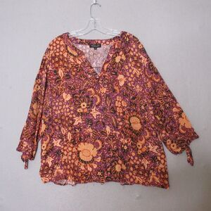 Rachel Zoe‎ Plus 2X Floral Popover Top Tie Sleeves Split Neck Boho Relaxed